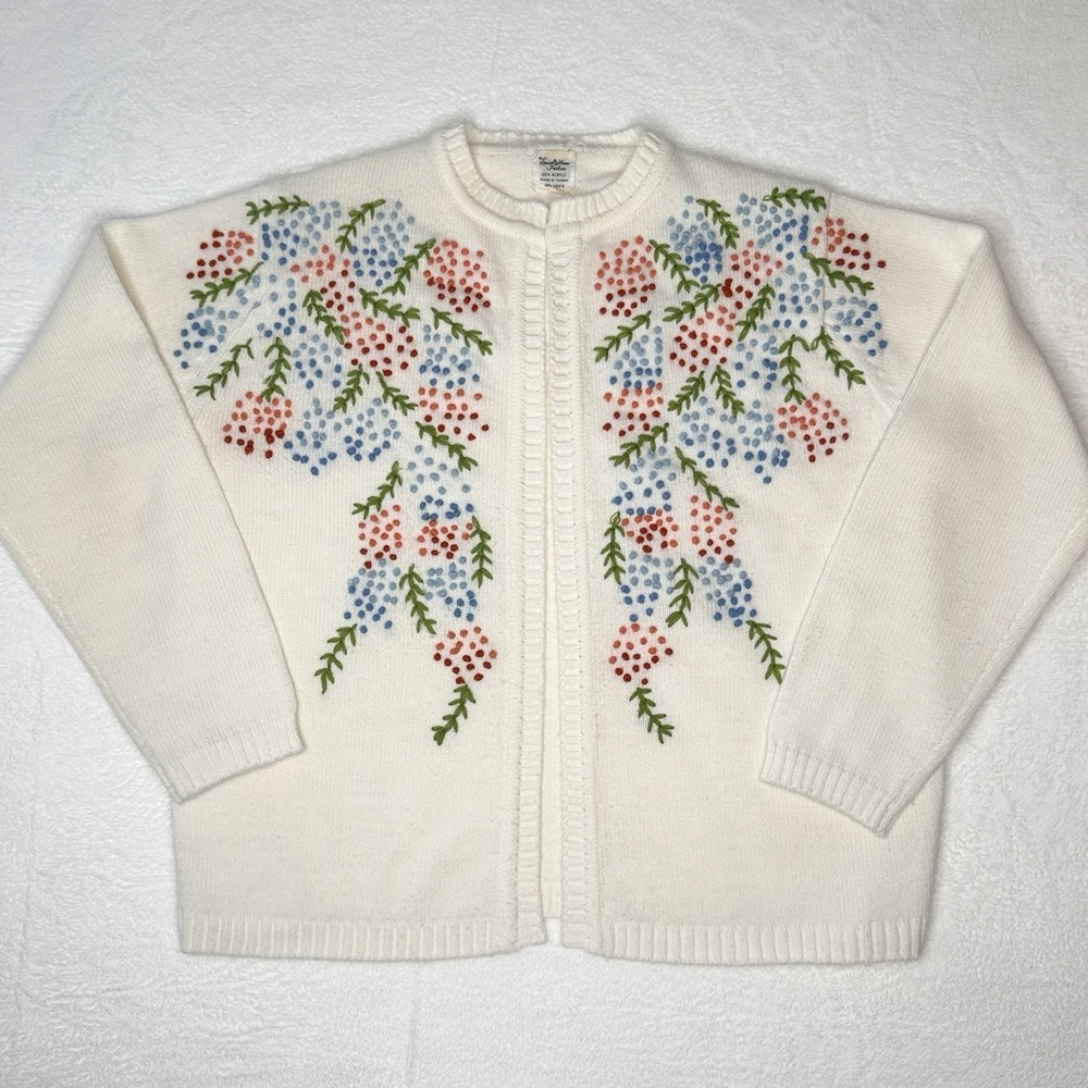 VTG Floral Embroidered Cardigan Sweater L Heirloom Cottagecore Grandmacore Ivory